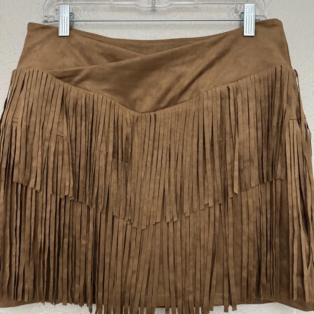 Halara Crossover High Waisted 2-in-1 Fringe Hem Bodycon Mini Skirt Faux Suede L - Picture 3 of 8